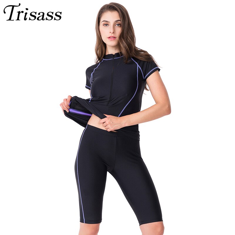 Trisass todelt nederdel badedragt til kvinder sports surfdragt tankini lange bukser badedragt med lynlås ærmet badetøj