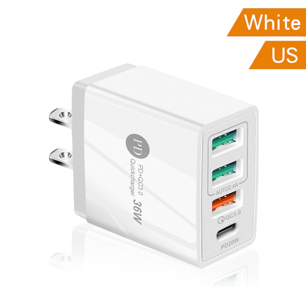 4 porty 36W ładowarka do telefonu komórkowego 2.4A PD 20W szybkie ładowanie 3.0 USB typ C ładowarka ścienna do iPhone 13 12 11 Xiaomi Samsung: White-US plug