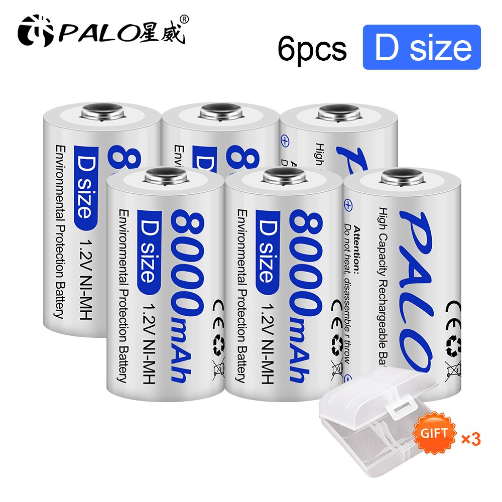 PALO D Size R20 Rechargeable Battery 1.2V NIMH D Cell Batteries 8000mAh for Toys,Radio,Microphone,Gas Cooker D battery: 6pcs