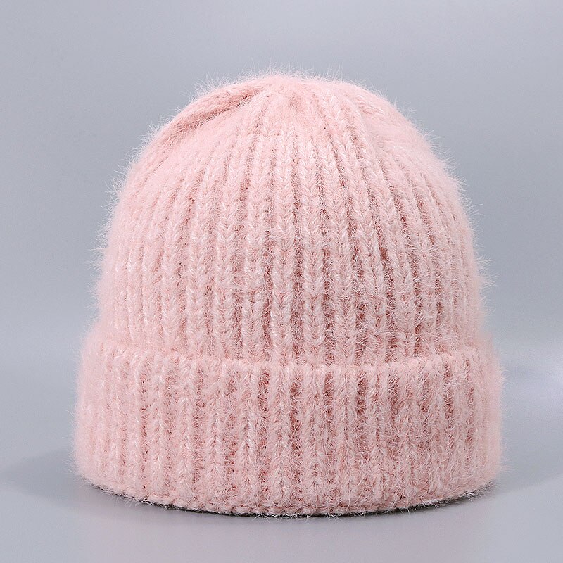 Konijnenbont Muts - Winter Warme Gebreide Dikke Muts voor Dames Heren - Casual Effen Stijl - 55-60cm Hoofdomtrek: F