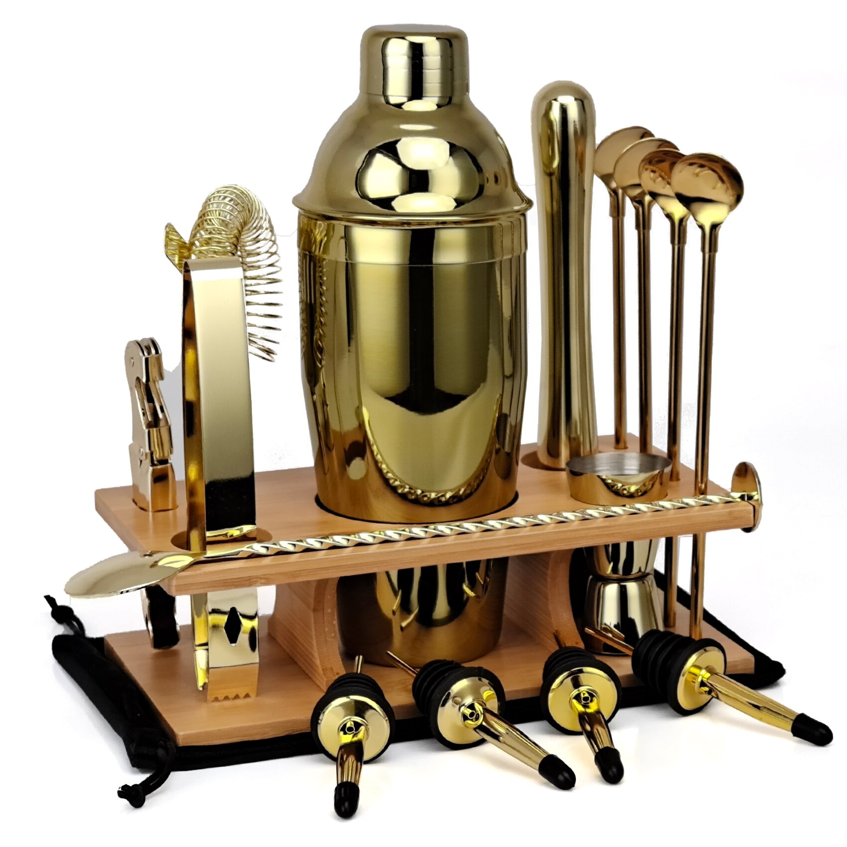 Barmann Bausatz,17-Stück Rose Gold Cocktail Shaker einstellen Mit Bambus Stehen, für Gemischte Getränke Martini Heimat Bar Werkzeuge Perfekte: Tyrann Gold 750