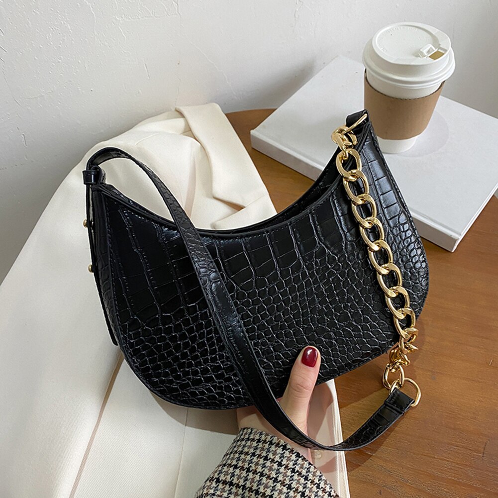 Casual Alligator Patroon Keten Hobo Effen Lederen Schoudertas Underam Tas Voor Vrouwen Jeugd Dames Eenvoudige Veelzijdige Tas: Black