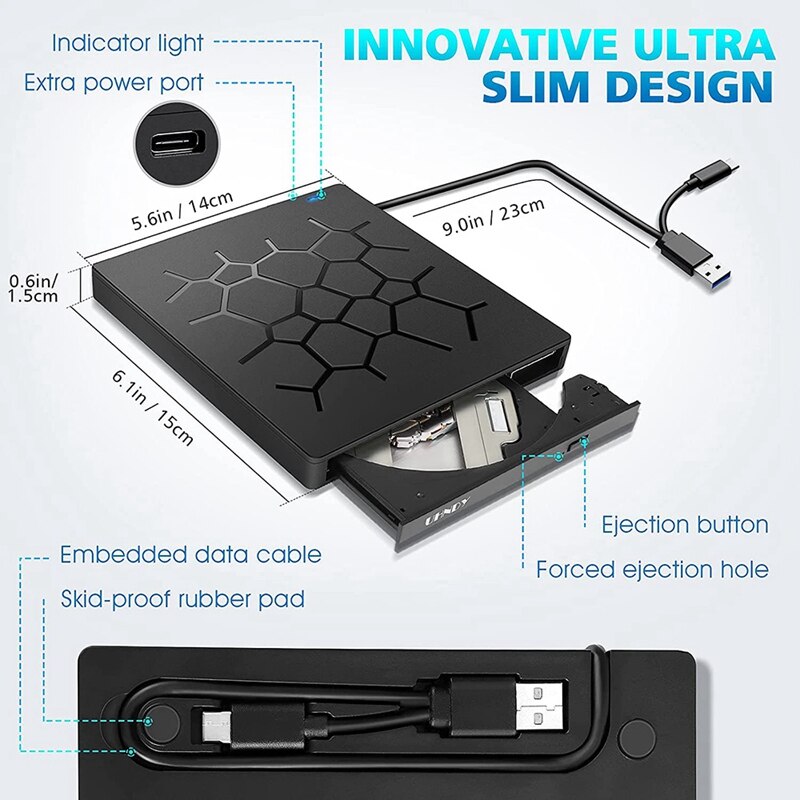 Lecteur de DVD externe, graveur de CD DVD USB 3.0 pour ordinateur portable, lecteur de disque optique de Type C CD/DVD ROM +/-RW avec 4 Ports USB