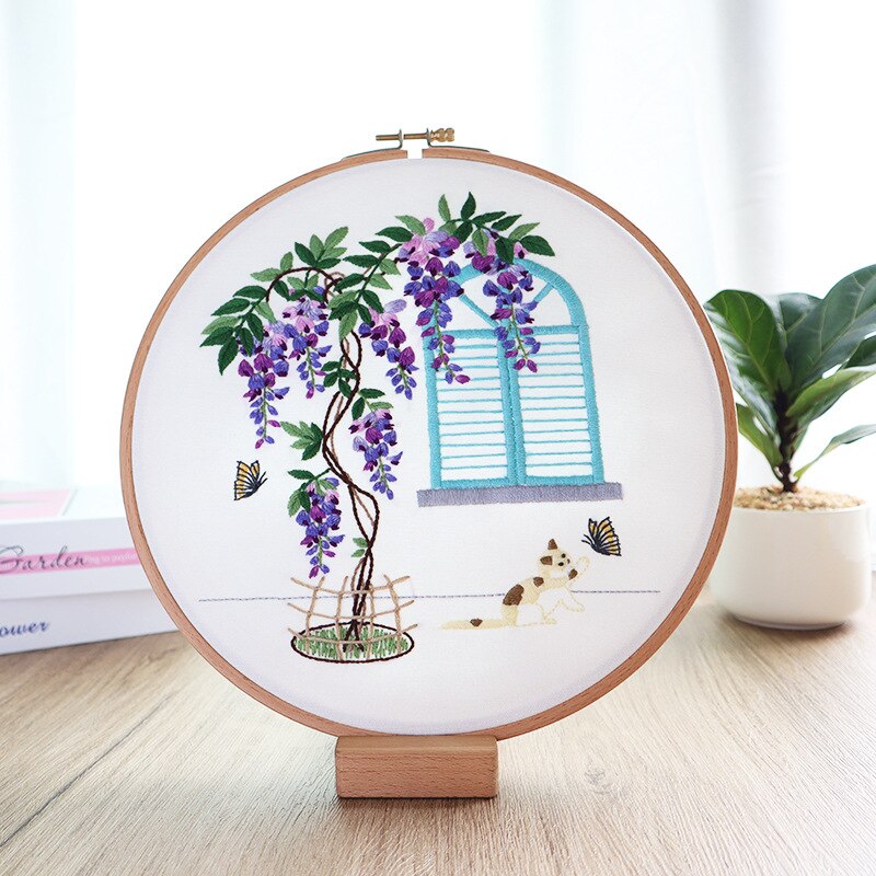 Kit de broderie de fleurs de lierre violet, bricolage, couture, motif de plante domestique, aiguille pour débutant, point de croix, artisanat (withop): D