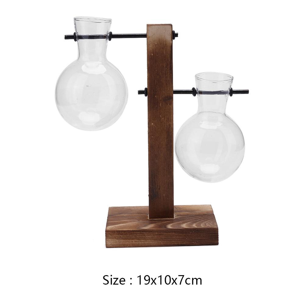 Glas och trä vas plantering terrarium bord skrivbord hydroponics växt bonsai blomkruka hängande krukor med trä bricka heminredning: B002