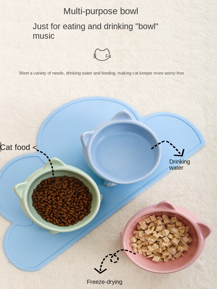 Cat Bowl Integrated Ceramic Diagonal High Feet Cute Protection Cervical Spine Dog Bowl Drinking Cat Bowl Against Black Chin