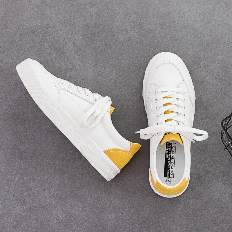 Vita sneakers dam pu-läder lågklackat platt plattform dam snörning vita skor dam storlek 35-40 ab512: Gul / 6.5