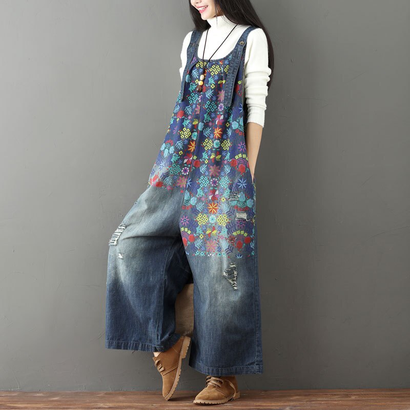 Helisopus-Mono vaquero Vintage con estampado de flores para mujer, peto con agujeros rasgados de talla grande, peto de piernas anchas, Peto vaquero con entrepierna caída