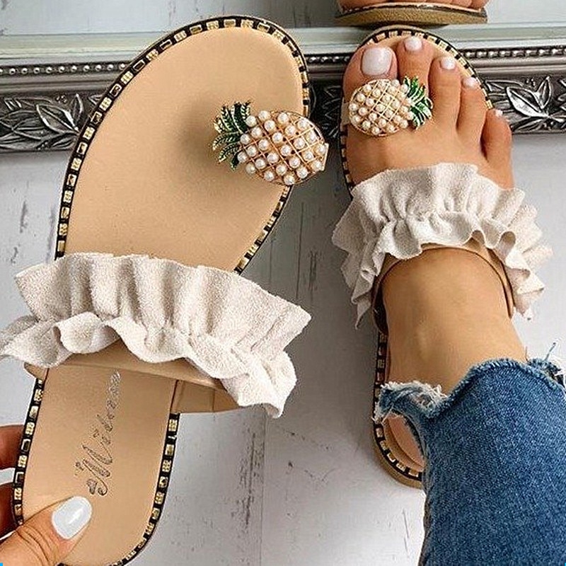 Sommar kvinnor sandaler tofflor skor platt flip flops snöre pärla kilar kvinna glider ananas casual mujer
