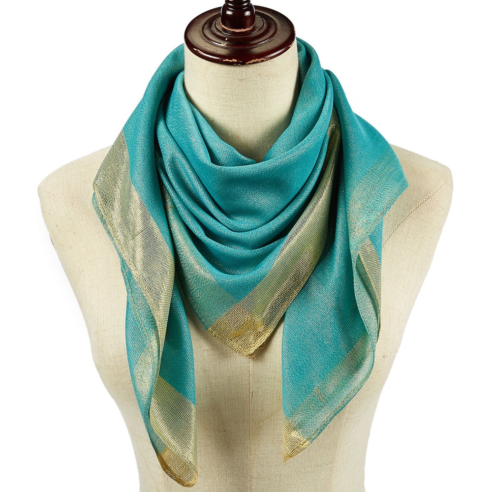Foulard carré uni avec bordure en Lurex doré pour femme, châle léger, 90x90 cm