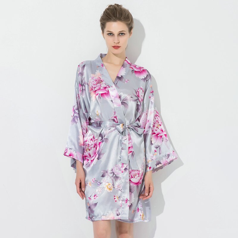 YUXINBRIDAL Robe Floral Robes Satin Silk Bridal Bride Bridesmaid Bride Robe Womens Robes Sleepwear Bath Robe Long: Grey / L/XL