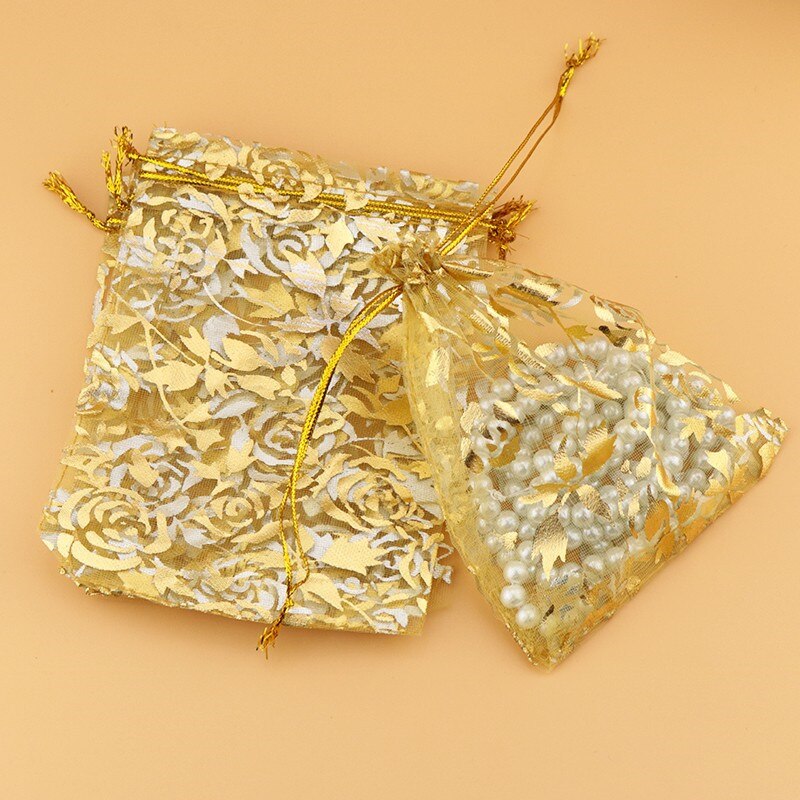 100 stuks/partijen sieradenverpakkingen, organza garen zakjes, net zakjes, gouden stempel snoepkleurige trekkoord bedankjes zakjes
