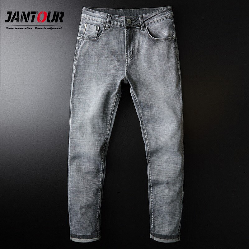 Merke vår sommer klassisk stil herre grå jeans virksomhet myk tøye ut denim grå bukser herre merke passe bukser: 34