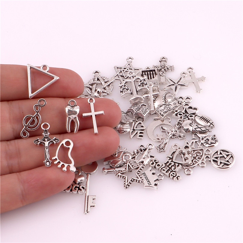 50pcs mixte tibétain ton argent croix Animal pendentifs à breloque pour Bracelet collier bijoux accessoires bijoux à bricoler soi-même fabrication