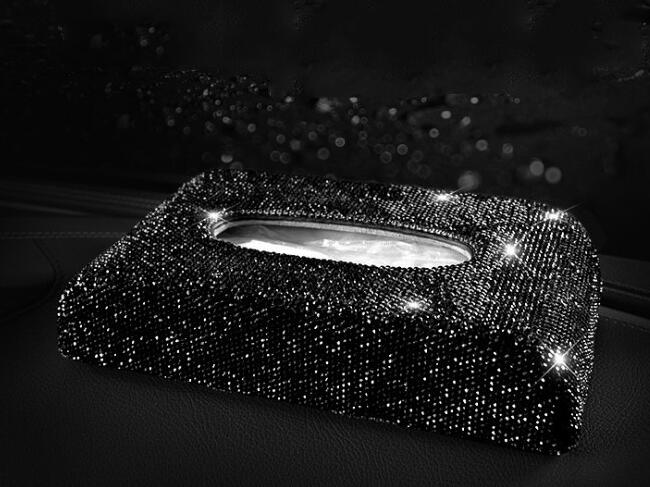 Bling Crystal Car Tissue Box Armrest Diamond Leather Auto Tissue Paper Holder Case Sunvisor Hanging Napkin Car Accessories: Black