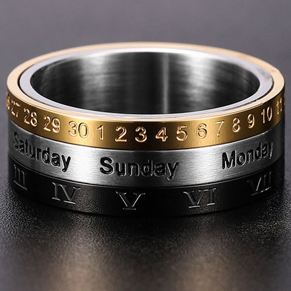 Men&#39;s Roman Numerals Date Calendar Time Ring For Rotatable Week Finger Gold Stainless Steel Anxiety Fidget Rings