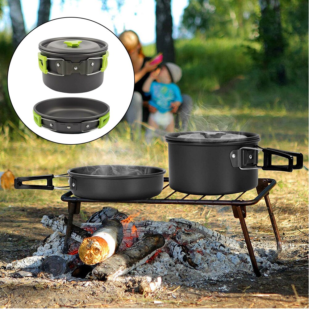 1 Set Outdoor Pots Pans Camping Barbecue Cookware Picnic Portable Lightweight Gear for Traveling Trekking Green set 20PCS