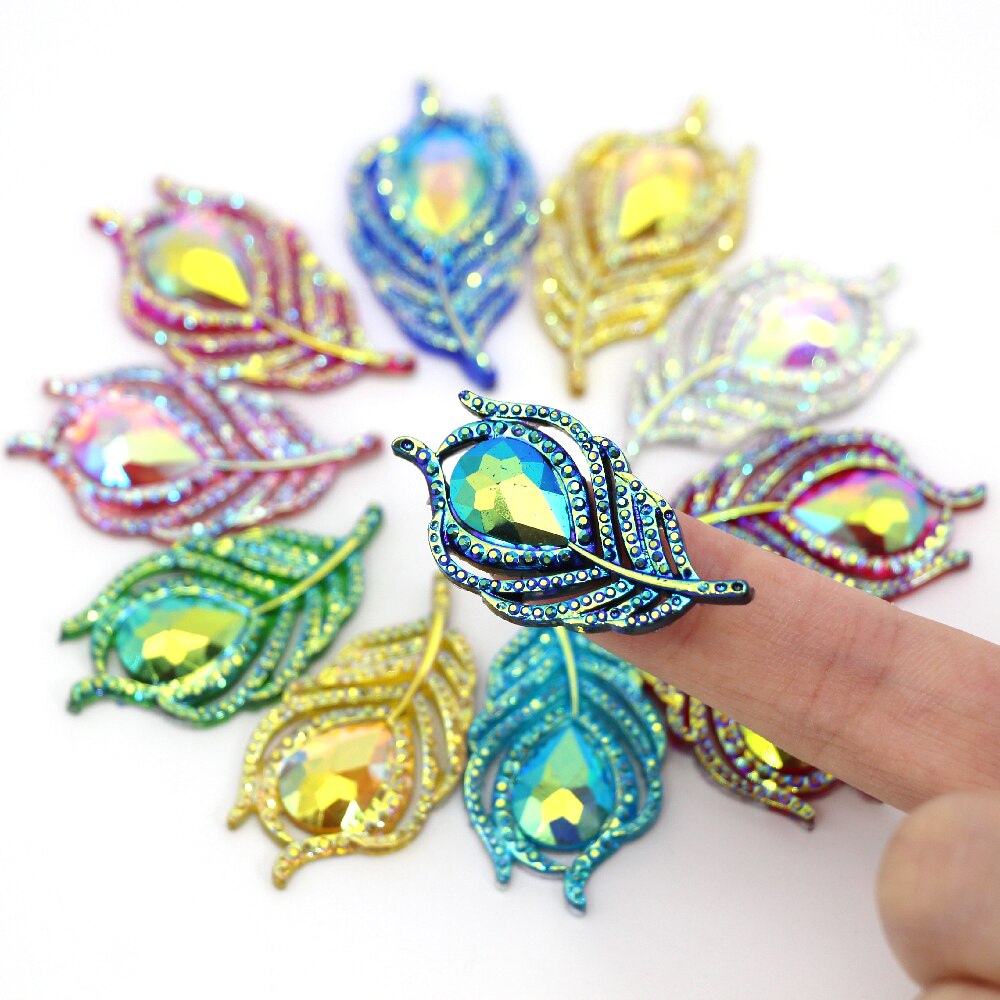 10Pcs Strass Veren Flat Back Rhinestone Voor Kleding Pauw AB Kristallen Leaf Resin Strass Voor Trouwjurken DIY Ambachten