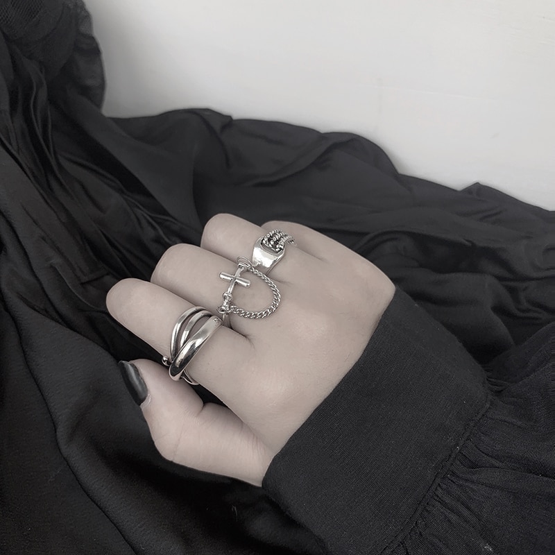 HZ Hip Pop Vintage Silber Metall Punk Kette Kreuz Offene Ringe Gürtel Schnalle Finger Ringe für Frauen männer Party schmuck