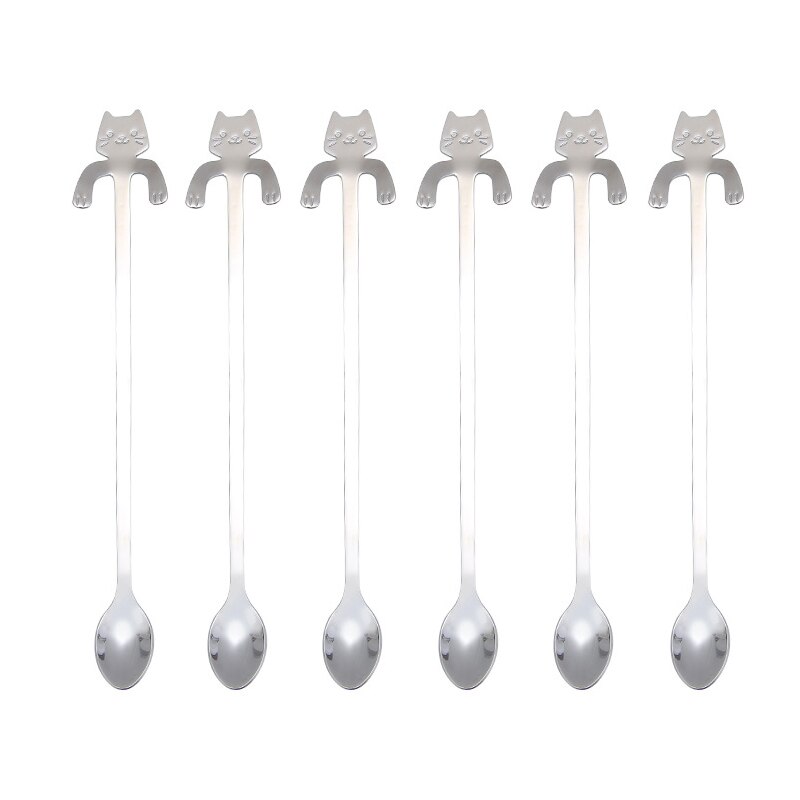 6 pcs Mini Cute Coffee Spoon 12cm 17 cm 304 Stainless Steel Cartoon Cat Spoon Teaspoon Dessert Snack Scoop Milk Spoons Tableware: Silver 20cm 6 PCS