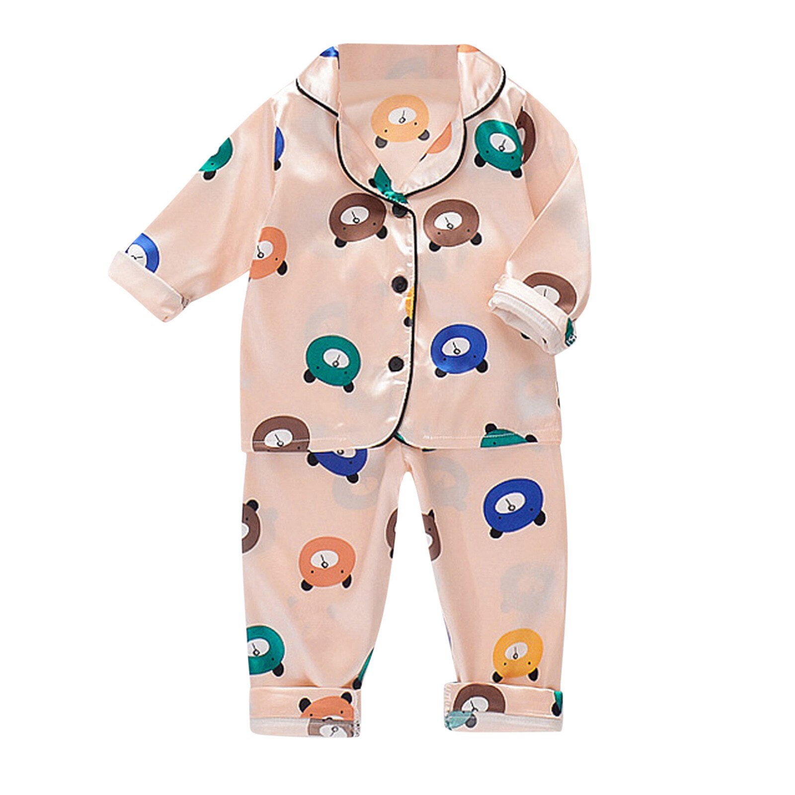 Conjunto de pijama de manga larga para niños y niñas pequeños, ropa de dormir de satén con botones de dibujos animados, cuello doblado hacia abajo, 4 #
