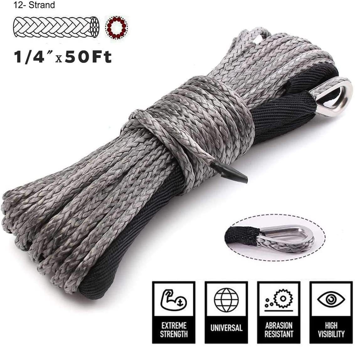 Corde de treuil synthétique pour voiture de récupération tout-terrain, ULde treuil, Rock Guard, RL UTV, chasse-neige, accessoires de remorquage, 4x4, 50 pieds, 1/4 pouces, 15m x 6mm: Orange