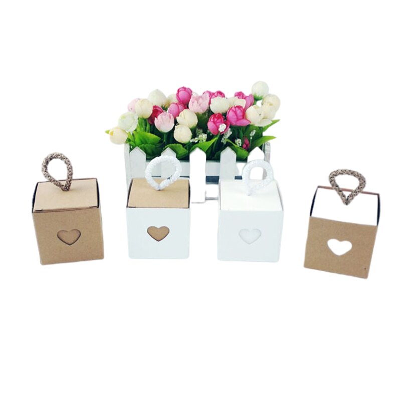 25/50Pcs Kraft Paper Box Square Heart Wedding Favor Candy Box With Rope Hand Packaging Bags Wedding Birthday Party Supplies