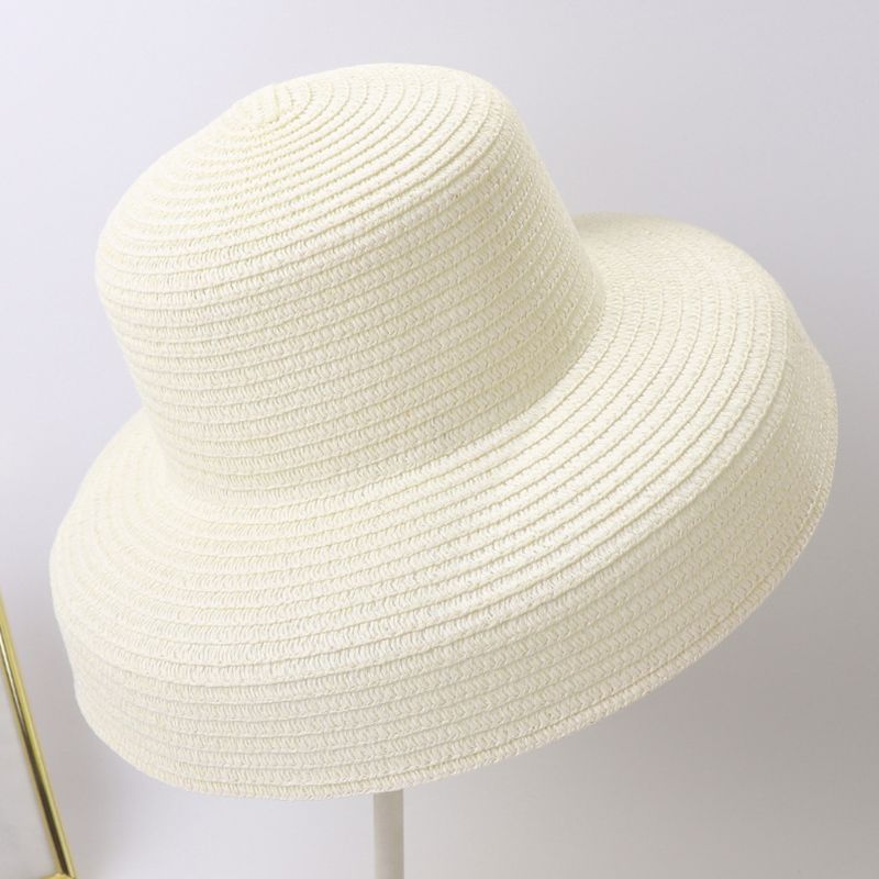 Vrouwen Zomer Vintage Hepburn Stro Zonnehoed Bell Vormige Brede Rand Effen Kleur Uv Bescherming Reizen Floppy Beach Cap