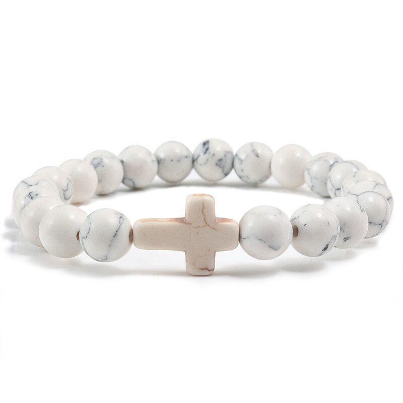 Trendy Jesus Charm Natural Stone Cross Bracelet Blue Turquoises Matte Beaded Bracelets For Men Women Prayer Couple Jewelry: Black Line Pine