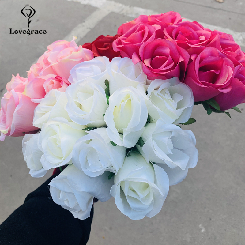 Lovegrace Rose Bouquet Flower Artificial Silk 12 Heads Rose Bridesmaid Hold Flower Bouquet Champagne Pink Home Wedding Decor