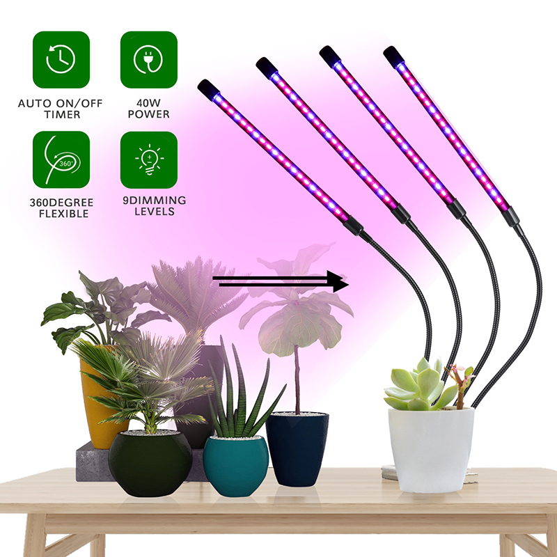 Luz LED de cultivo de plantas con 1/2/3/4 cabezales, luz de planta con Clip, conmutación de 3 colores de luz, atenuación temporizable USB, lámpara de cultivo de espectro completo