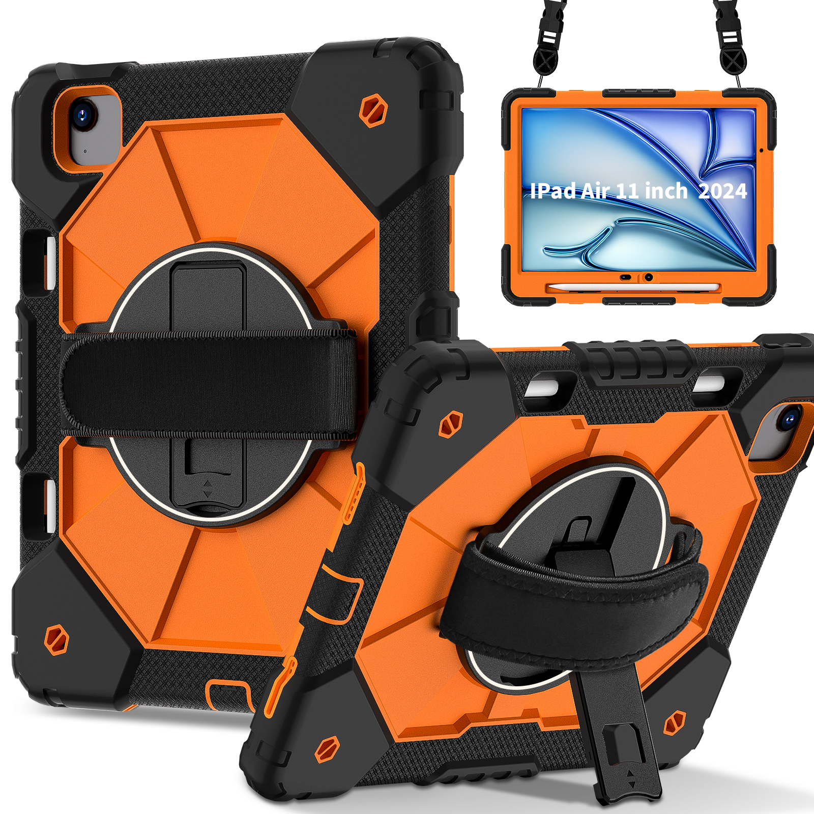 360 Draaibare Case Universeel Voor iPad Air 11 2025 2024 A3267 A3270 A2902 A2903 A2904 3-lagen Hybrid Cover Hand Schouderriem: 4 / Oranje