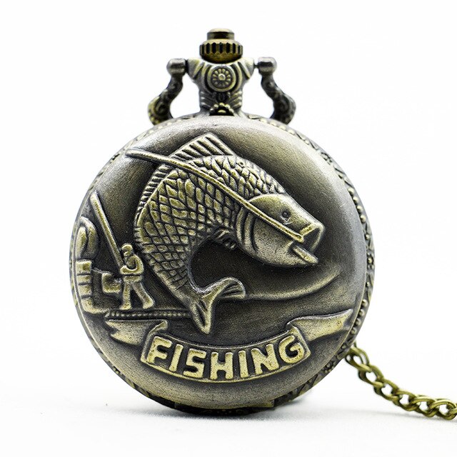 Bronze vintage lommeur halskæde kæde vedhæng kvarts lommeur fiske tema herre ur fiske mønster til mænd kvinder: Td2033