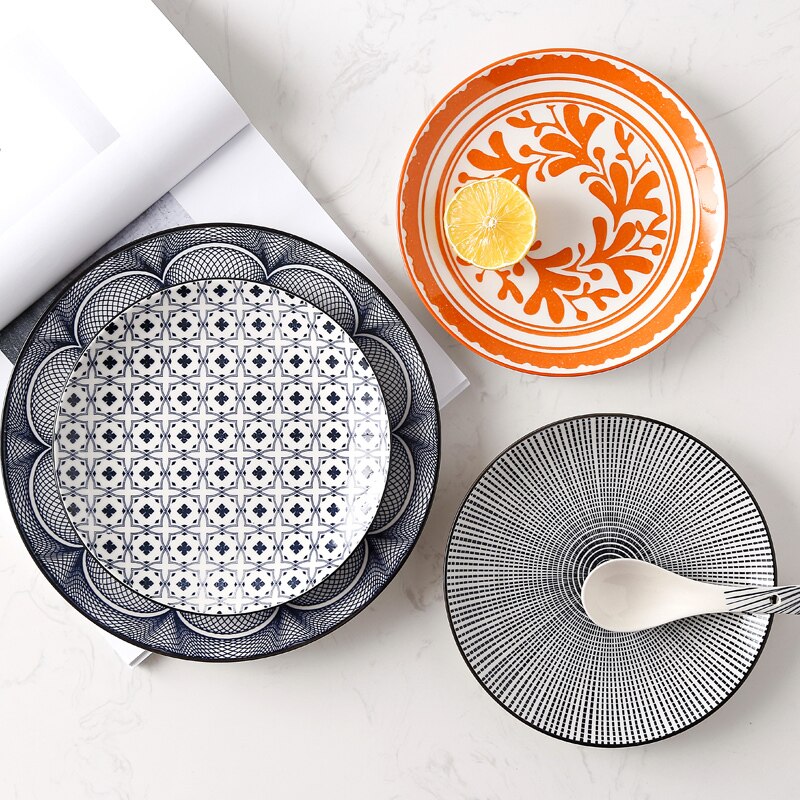 Plato japonés de 8- pulgadas de cerámica esmaltada, plato de estilo europeo con verduras de colores, conciso, para el hogar, pequeño plato para filete.