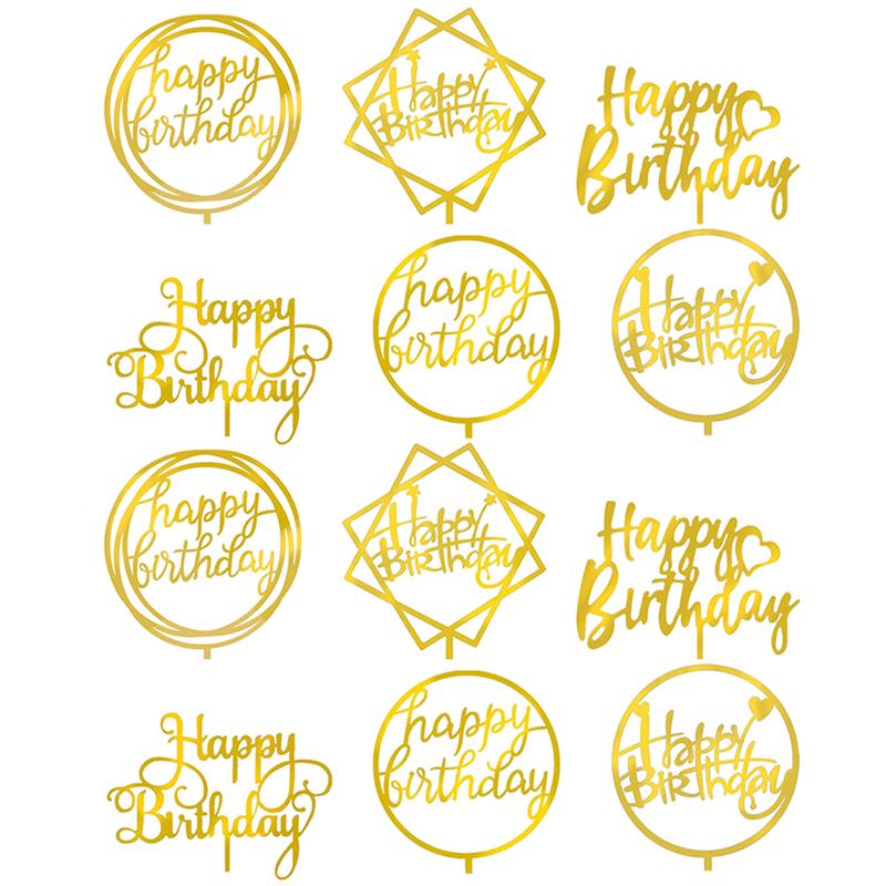 12 stk akrylkage topper bryllupsfødselsdag festival udsmykning forsyninger gylden tillykke med fødselsdagskage indsæt kort kage dekoration: Default Title