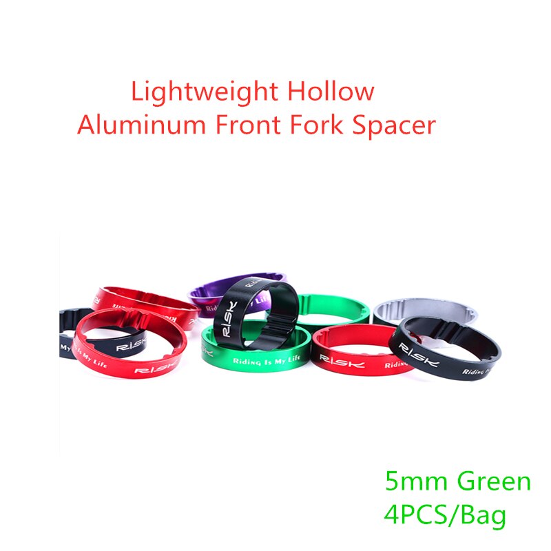 Risiko 5/10mm justering aluminiumslegering cykel cykelgaffel spændeskive headset afstandsstykker hæve styr ring cykel tilbehør: 4 stk -5mm grønne