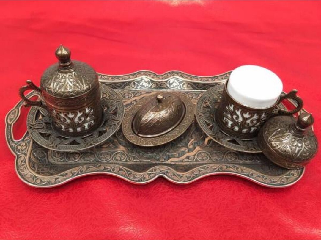 2 set - 9 pieces copper turkish tea coffee espresso cups set anatolian arabic coffee cup set ottoman tea sets