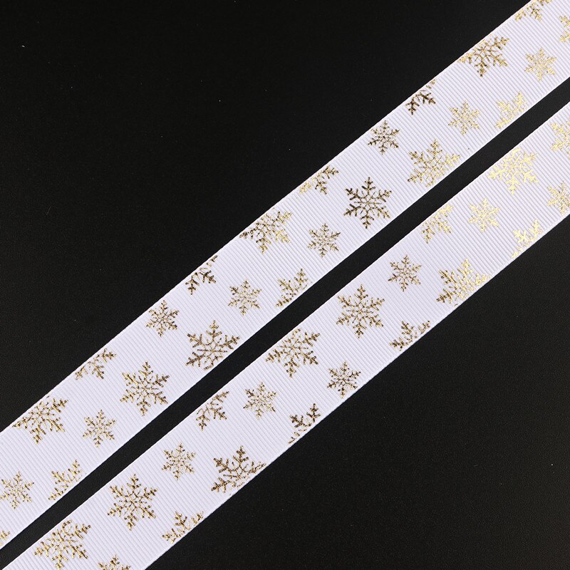 5 meter 25mm brede grosgrain kerstlinten rood groen bedrukt wit sneeuwvlok grosgrain lint linten kerstversiering: Witte sneeuwvlok goud / 1 meter