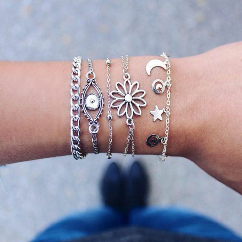 5 teile/los Böhmischen gemischt Silber Farbe Stern Mond Hohl Blume mehrschichtig Armbinde Weiblichen Strand lässig Schmuck Zubehör: Ursprünglich Titel