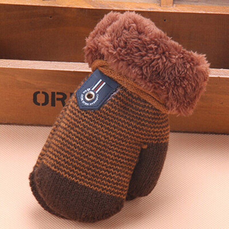 Cartoon Cute Baby Gloves Infant Mittens Child Lanyard Mittens Winter Warm Stripe Gloves For Boys And Girls Gloves: Dark khaki