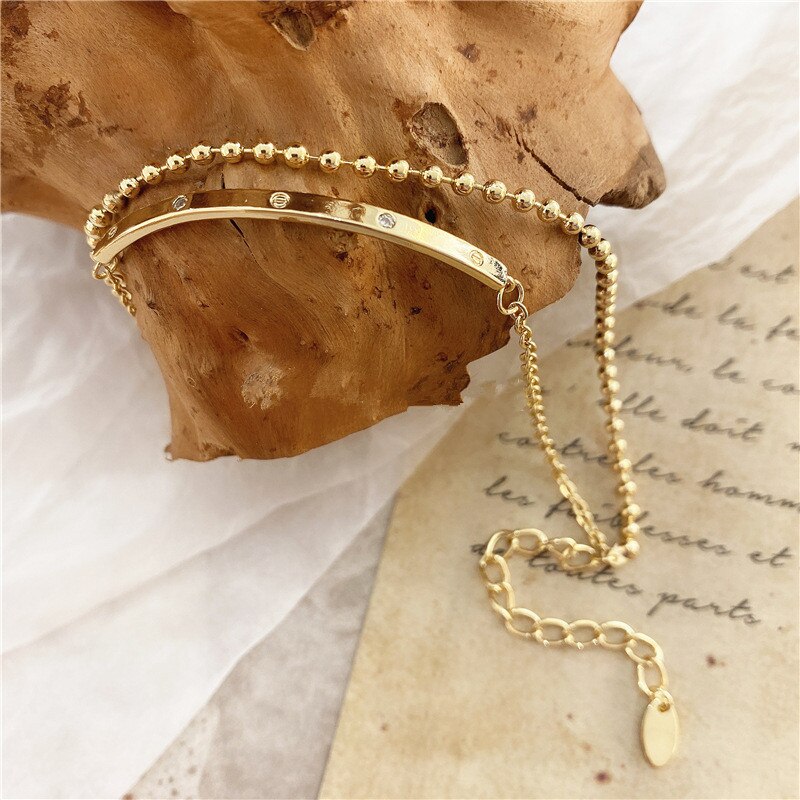 Aomu korea retro dobbeltlag guldfarve beaded krystal kæde armbånd enkel armbånd til kvinder smykker fest: Default Title