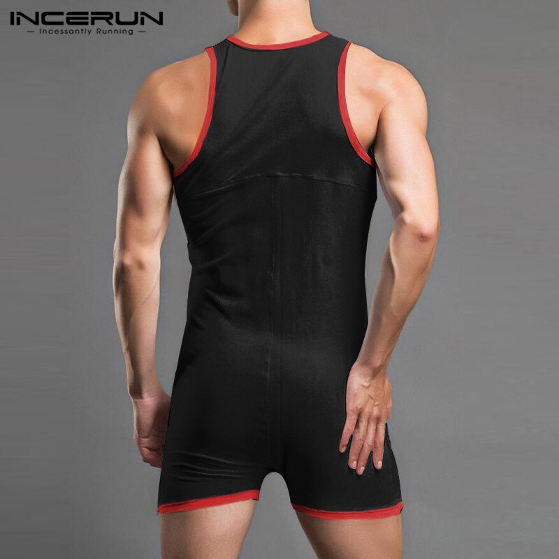 INCERUN Patchwork Onesies Casual Button Jumpsuit Sleepwear Men Sleeveless Romper Pajamas Summer Man Fitness Homewear 5XL