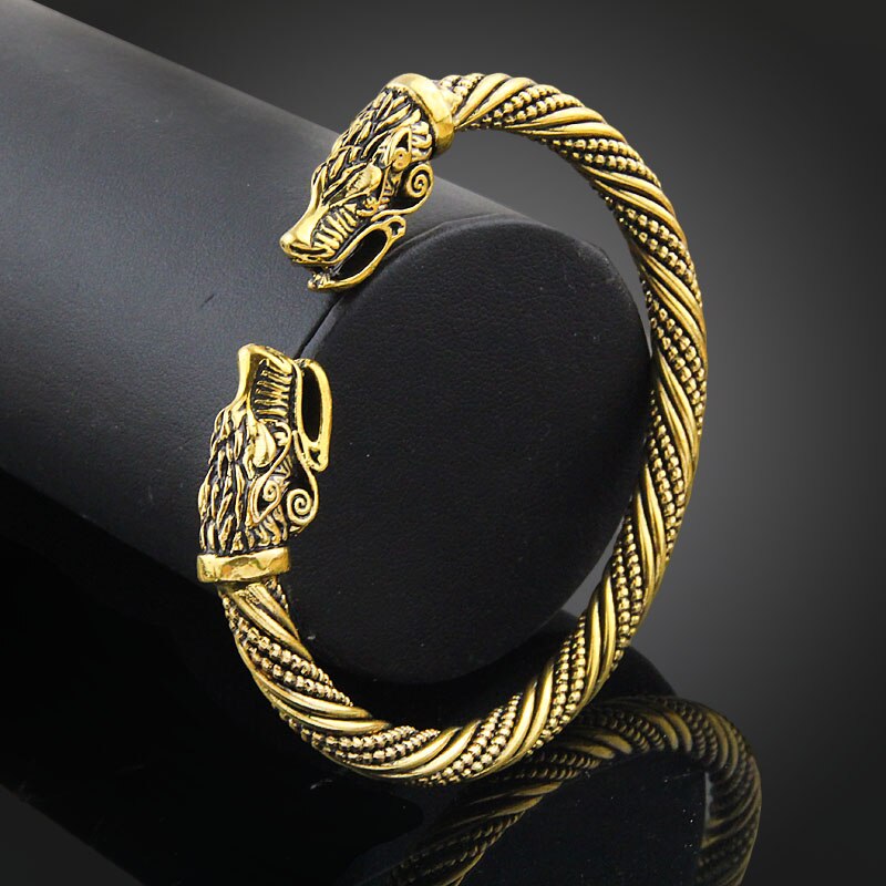 LAKONE Teen Wolf Head Bracelet Indian Jewelry Accessories Viking Bracelet Men Wristband Cuff Bracelets For Women Bangles: Antique Gold Plated