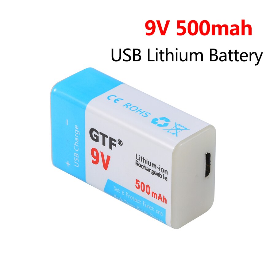 1000mah 9V 6F22 USB Charging Battery 9v USB Rechargeable Lithium Battery for Multimeter Microphone Toy Remote Control KTV Cells: 500mah