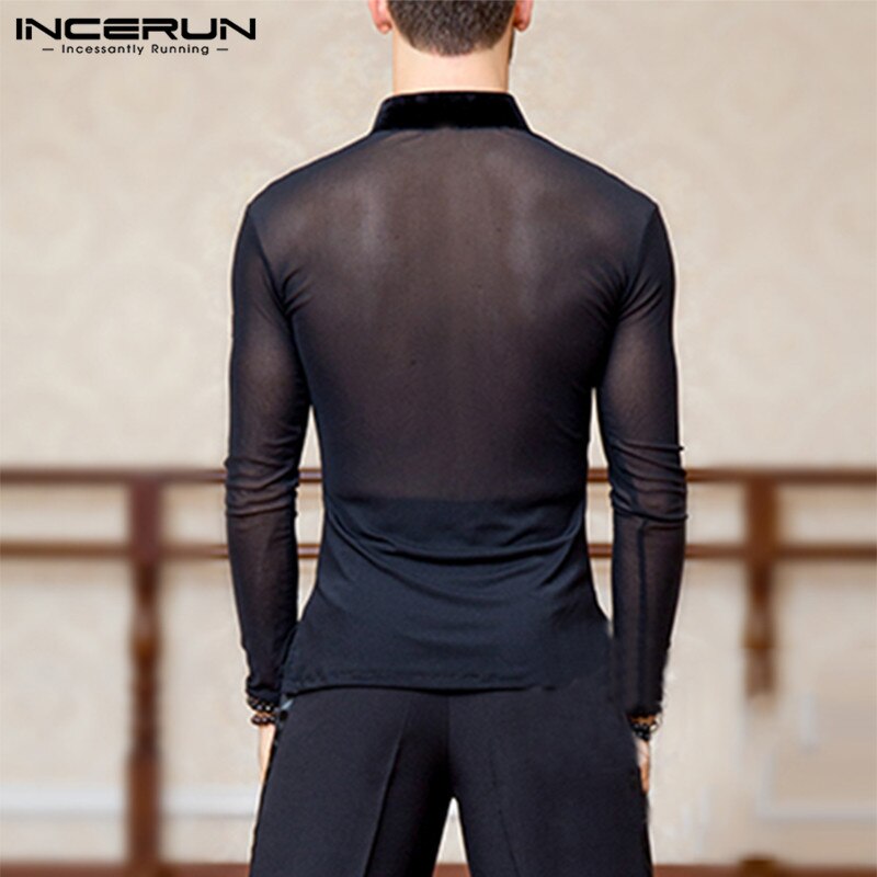 Men Long Sleeve V Neck Solid Camisa INCERUN Patchwork Shirts Men Transparent Party Nightclub Blusa Dance Shirt Plus Size