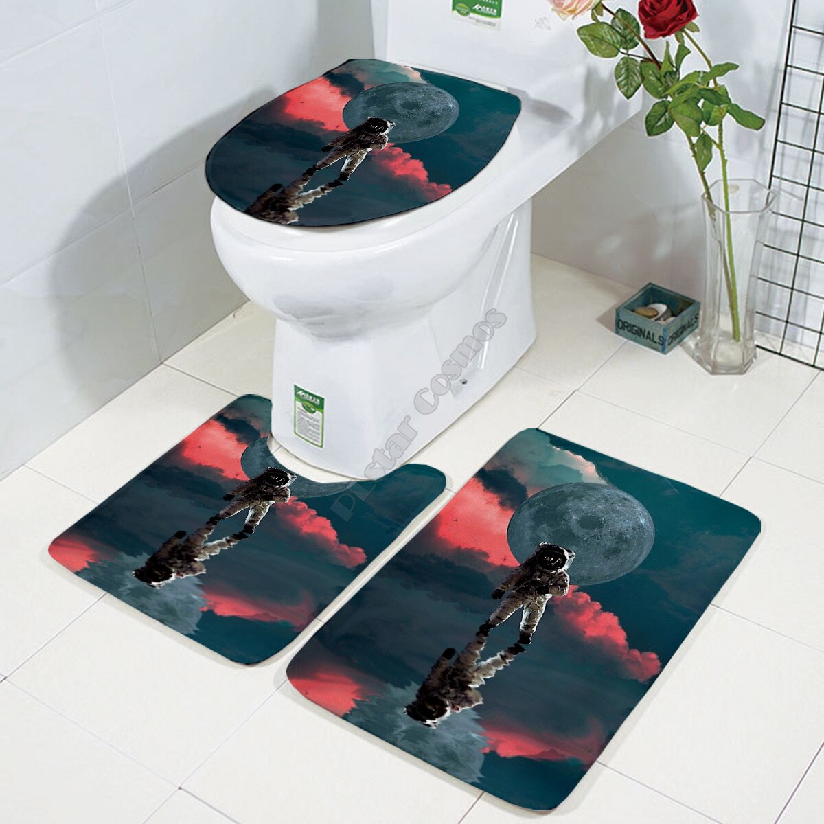 Galaxy astronaut Three-piece set 3D printed Bathroom Pedestal Rug Lid Toilet Cover Bath Mat Set 03: 1
