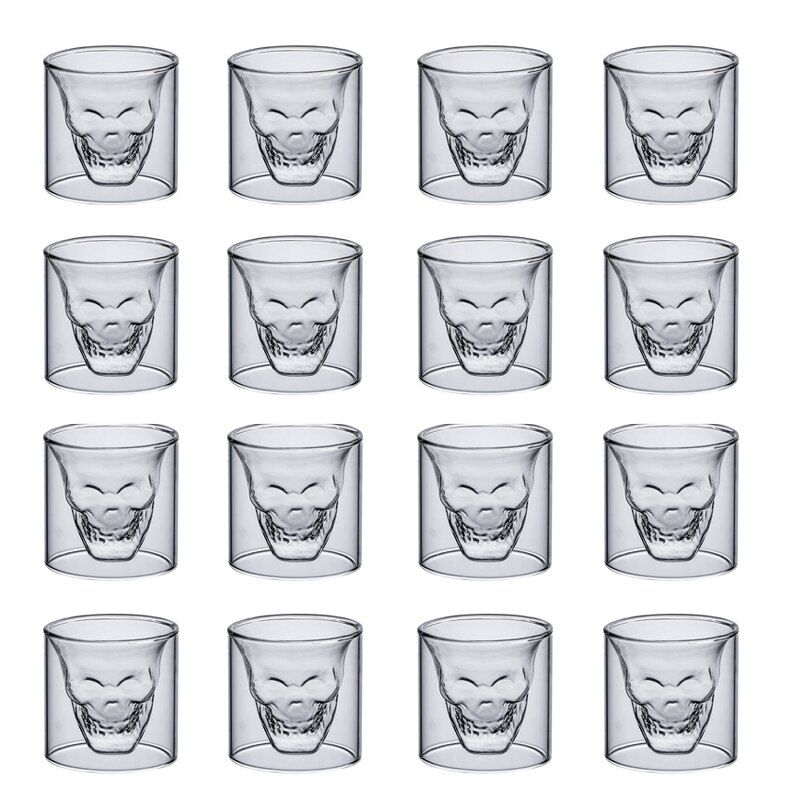 2-16Pcs Skull Cup 25Ml Dubbel Transparant Glas Whiskey Vodka Water Koffie Wijn Champagne Mokken Glazen Melk cocktail Wijn