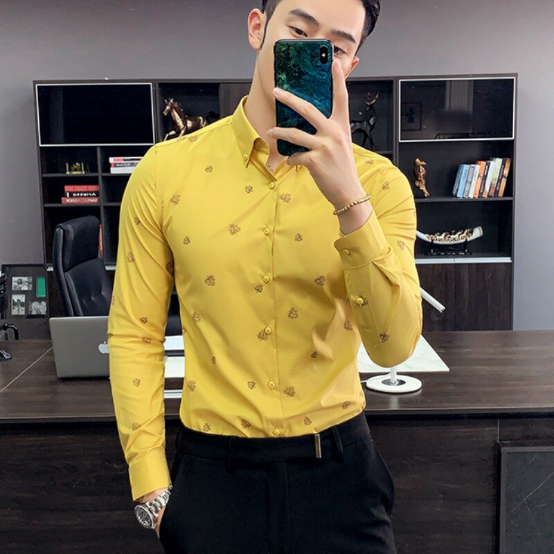 Menn dress skjorte langermet business skjorter casual slim fit skjorter formell sosial klassisk skjorte camisa masculina: Gul / 3xl 75-80kg