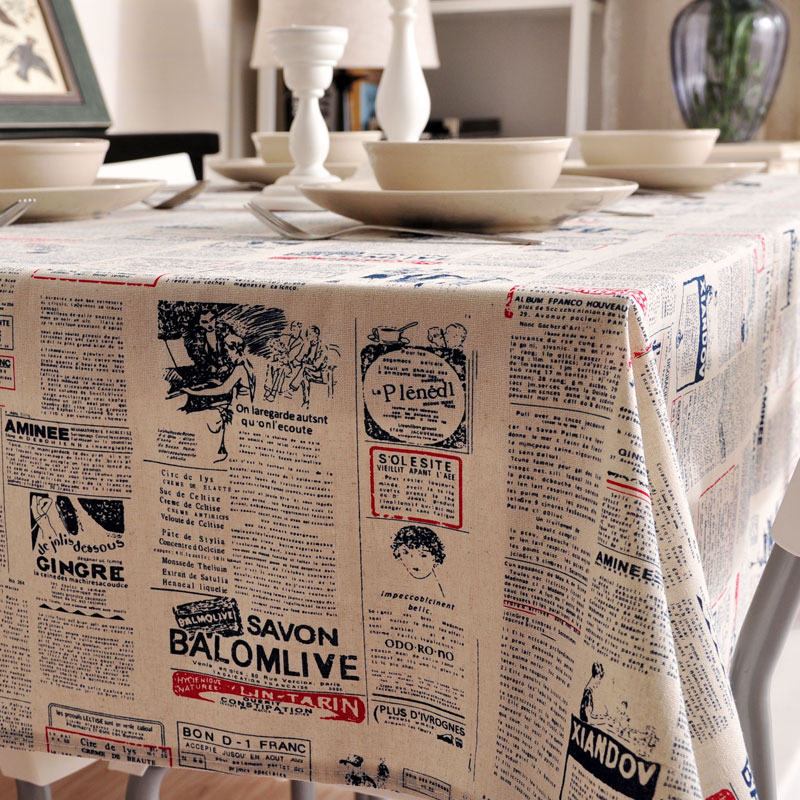 ! mantel de lino de algodón, mantel, mantel para cena, cubierta azul con estampado de periódico, decoración para el hogar y la cocina, FG217-3