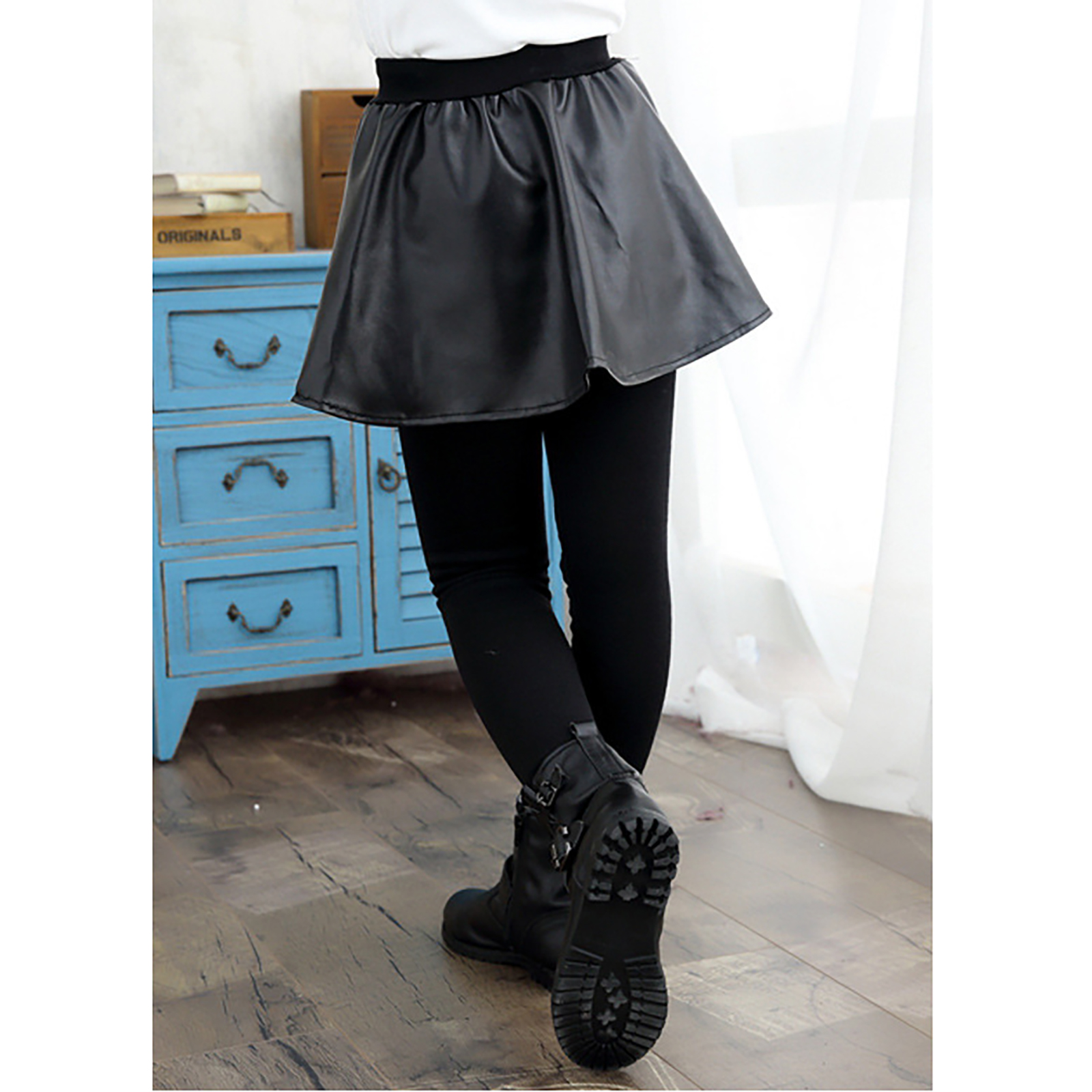 Jupe en cuir PU pour filles, Leggings d'hiver, pantalons pour enfants, polaire épaisse et chaude, faux deux pièces, Culotte pour enfants